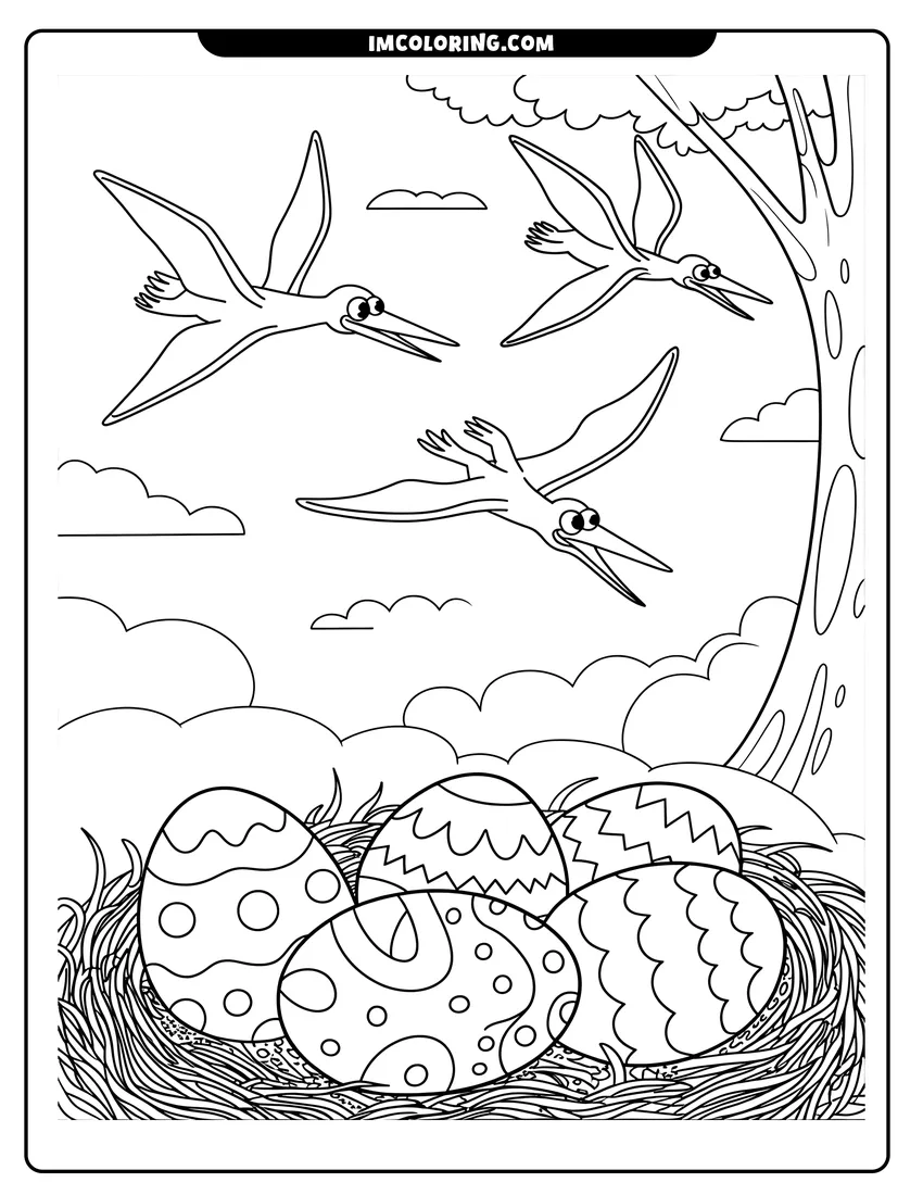 Coloring page for kids: Three pterodactyls fly in the sky above a nest filled with five decorated dinosaur eggs near a tree