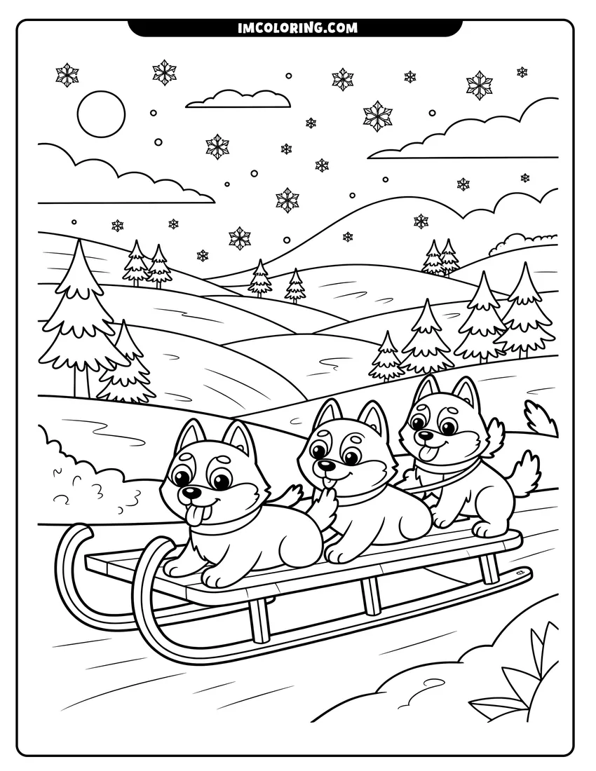 Black and white line art of Three cartoon puppies riding a sled down a snowy hill with snowflakes and pine trees in background