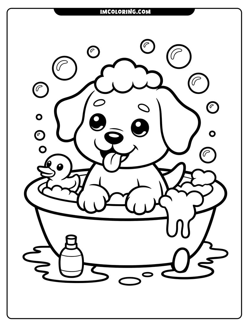 Free to print drawing of A cute puppy sitting in a bathtub full of bubbles with a small rubber duck toy