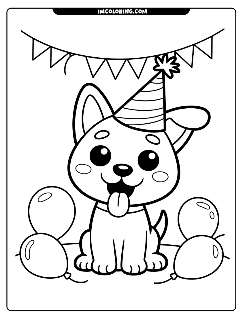 Doodle style coloring picture of A happy puppy wearing a striped party hat sitting surrounded by balloons and birthday party bunting