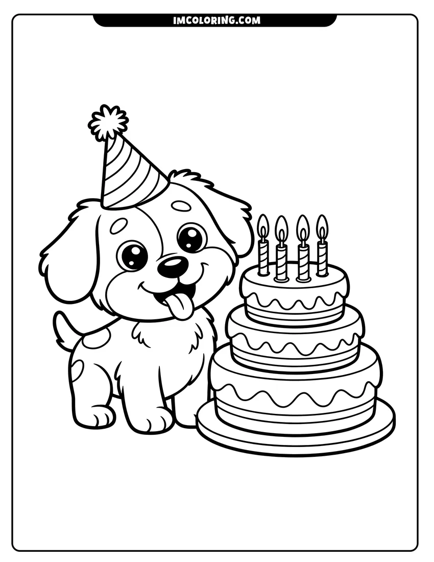 Coloring sheet featuring A cute cartoon puppy wearing a party hat standing next to a three-tier birthday cake with lit candles