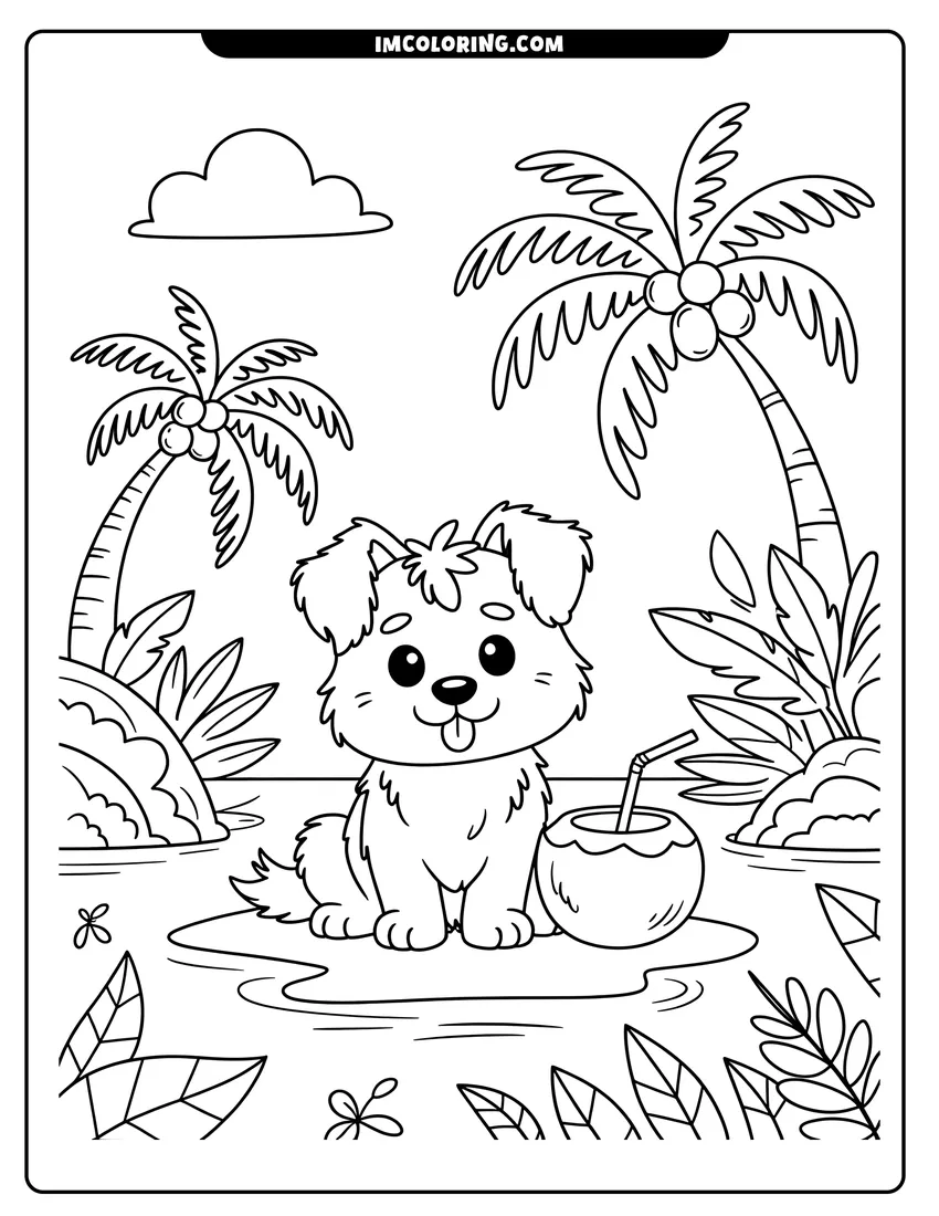 Outline drawing of A cute puppy sitting on a beach near palm trees and a coconut with a straw