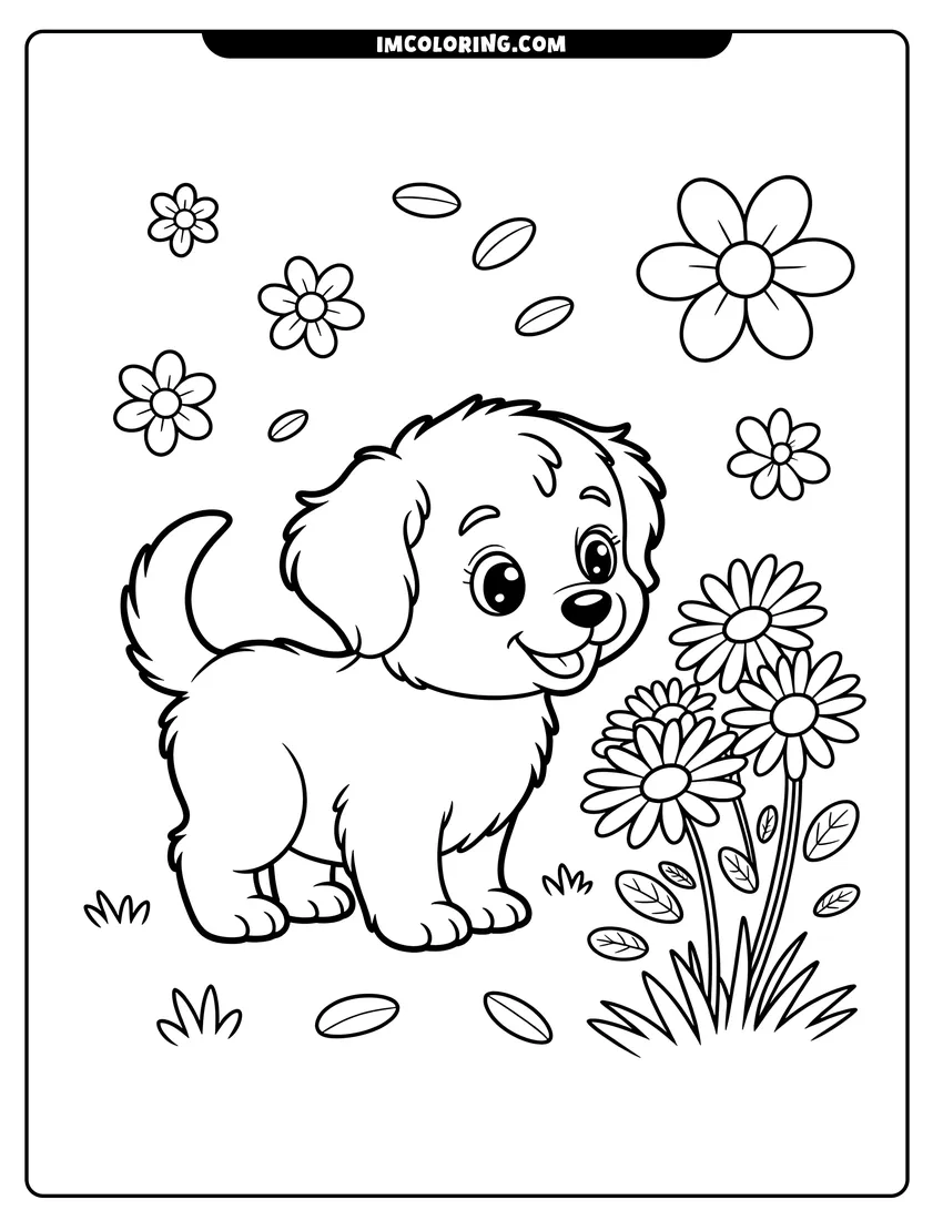 Printable line art of A happy puppy stands in a garden surrounded by blooming flowers and falling petals on a sunny day