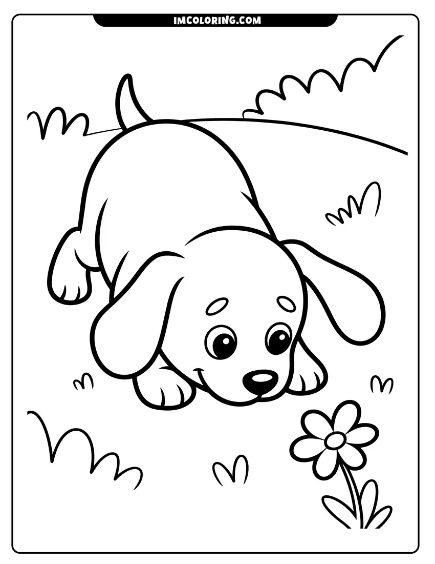 Vector style outline of A cute puppy with floppy ears sniffing a small flower in a grassy field with bushes behind