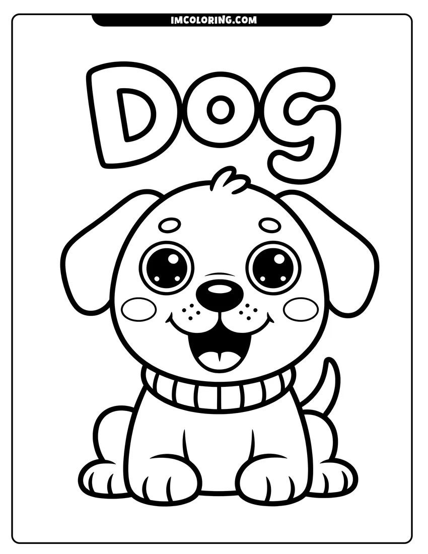 High quality printable A cute cartoon puppy with large eyes sitting happily under the large block letters spelling dog for coloring