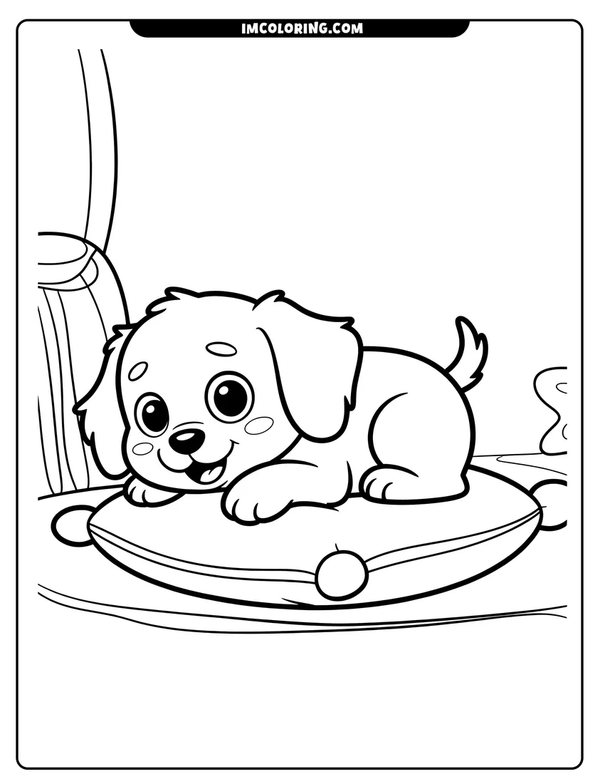 Downloadable coloring page of A cute cartoon puppy with big eyes smiling while sitting on a round pillow with corner tassels