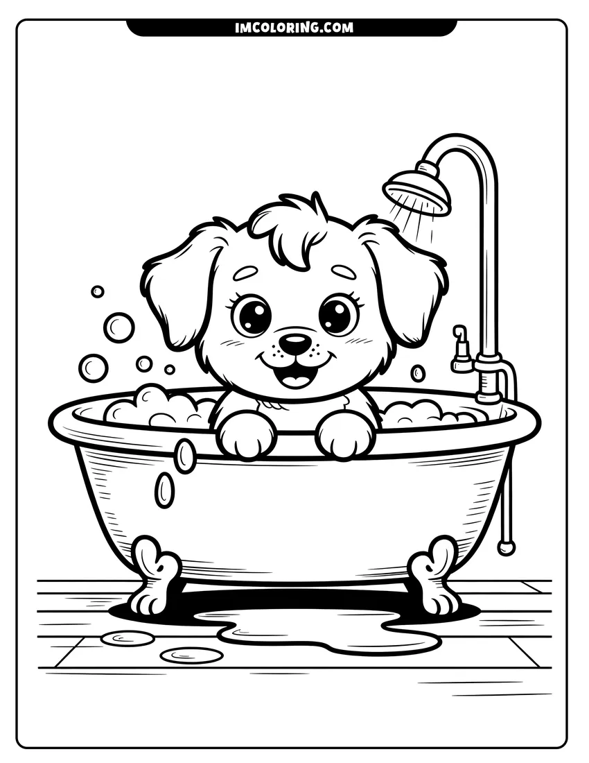Downloadable coloring page of A happy cartoon puppy sitting in a bathtub filled with bubbles under a running showerhead