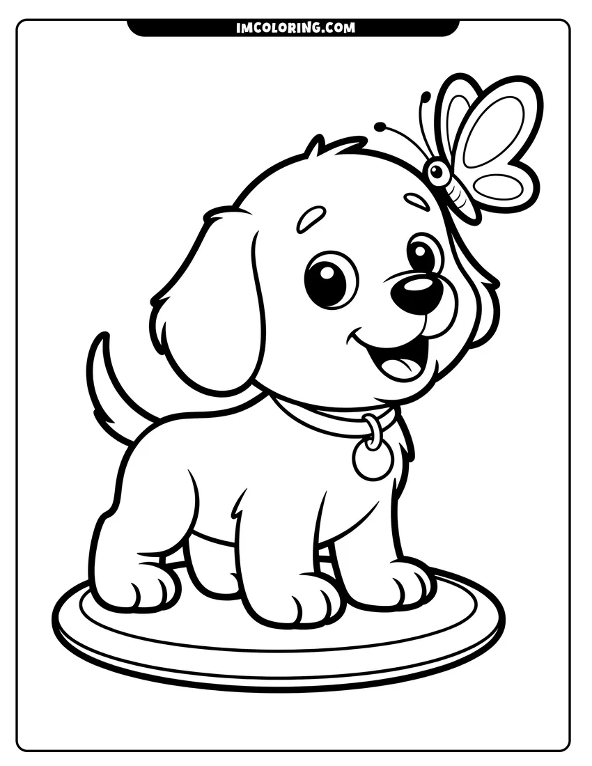 Simple sketch of A cute cartoon puppy with a butterfly resting on its ear and a happy expression on its face to color