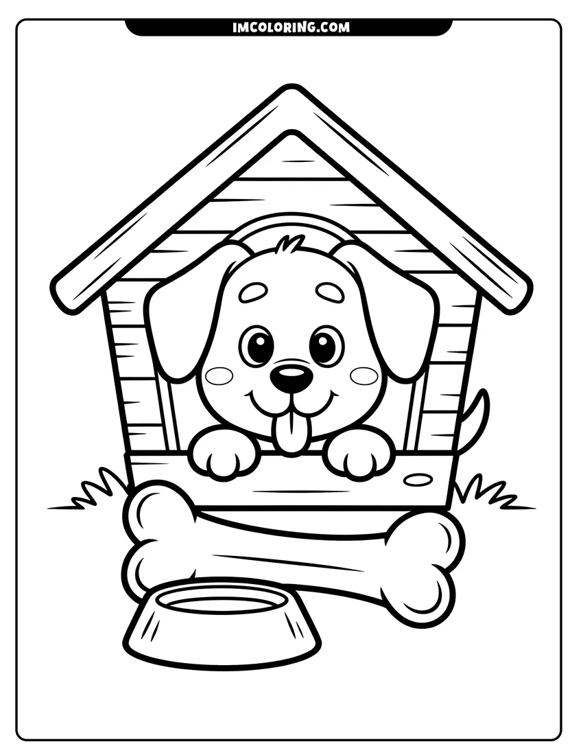 Printable line art of A cute puppy with its tongue out peeking from a doghouse next to a bone and bowl