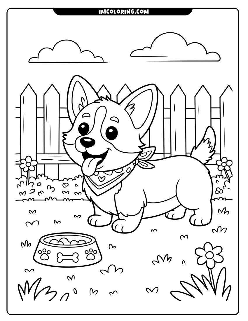 Clean line drawing: A happy Corgi dog wearing a heart bandana stands in a sunny backyard next to its bowl