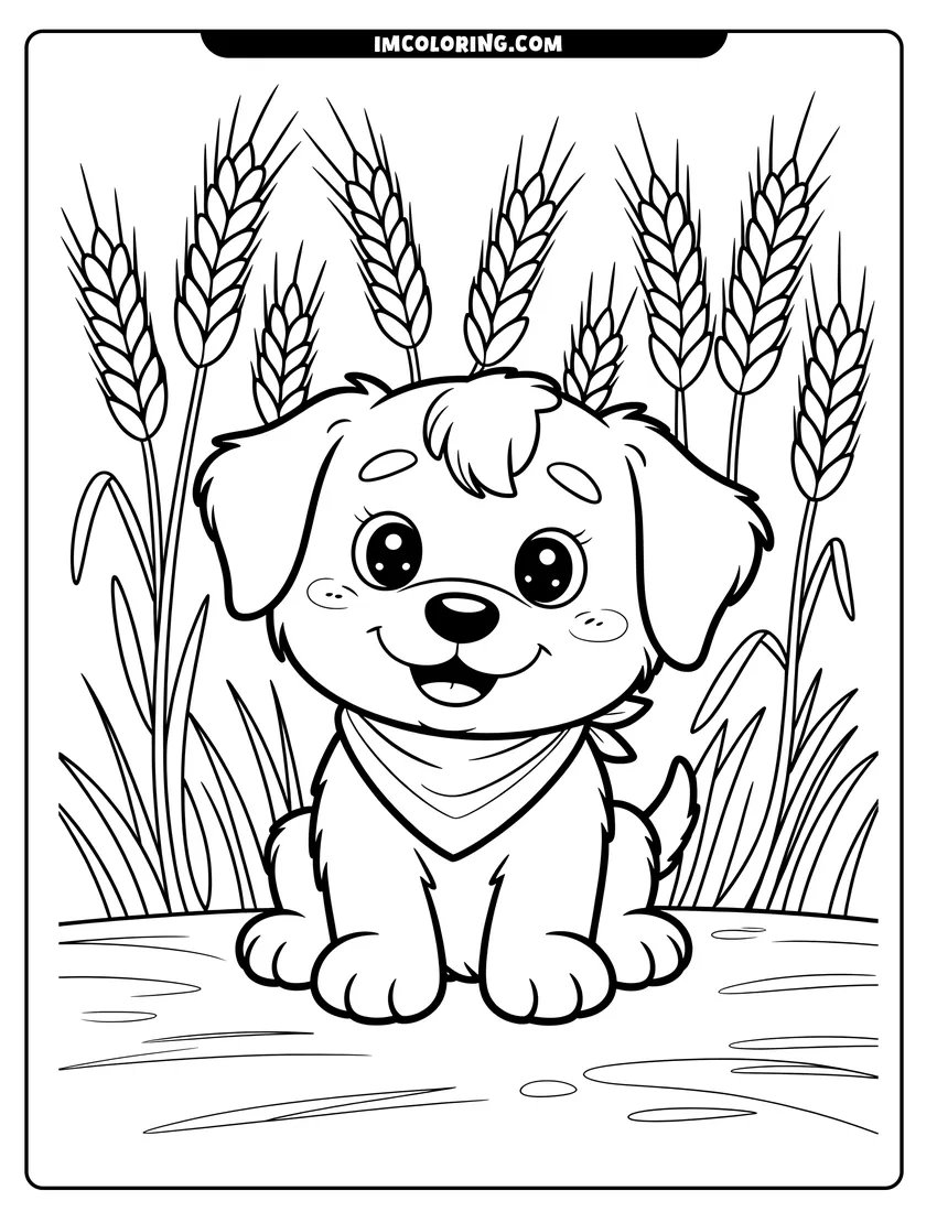 Black and white line art of A cute puppy with big eyes and a bandana sitting in a field of tall wheat stalks