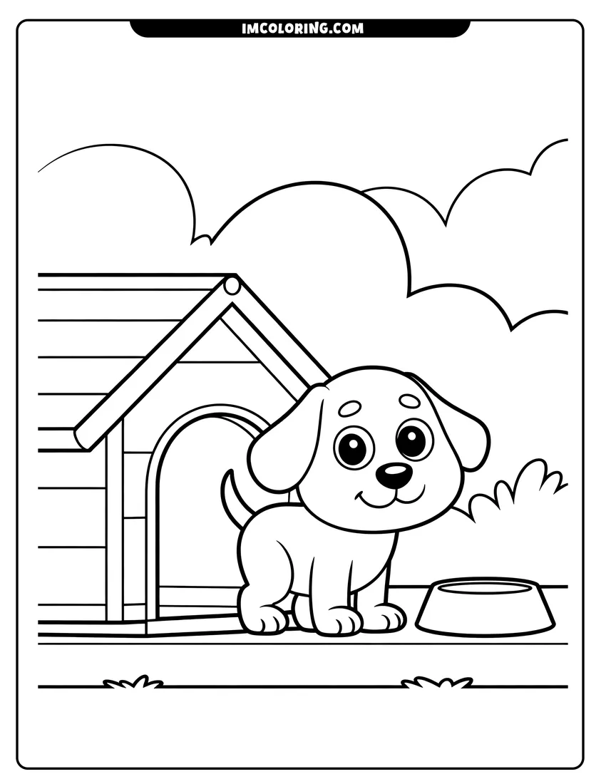 Vector style outline of A cute cartoon puppy standing in front of a doghouse next to an empty food bowl