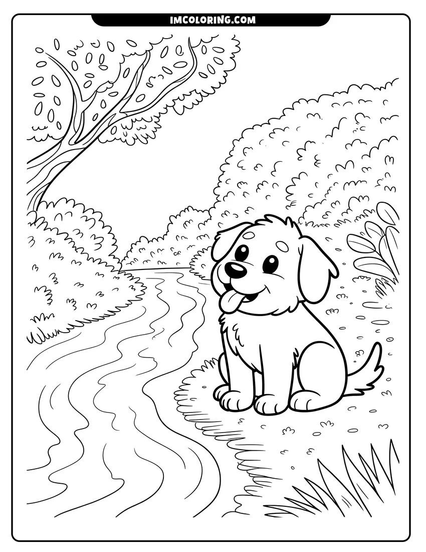 Coloring page of A cute puppy with its tongue out sitting by a winding river in a forest landscape