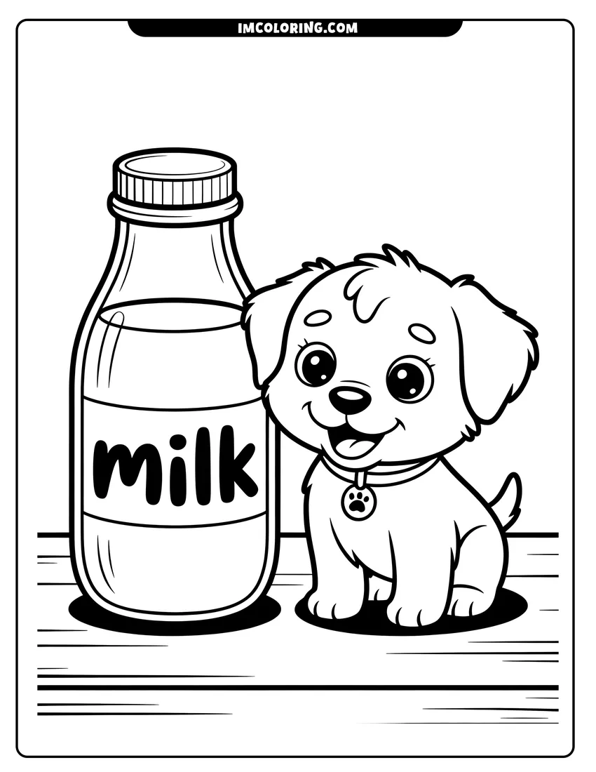 Coloring page of A cute puppy with big eyes sitting next to a glass bottle labeled milk