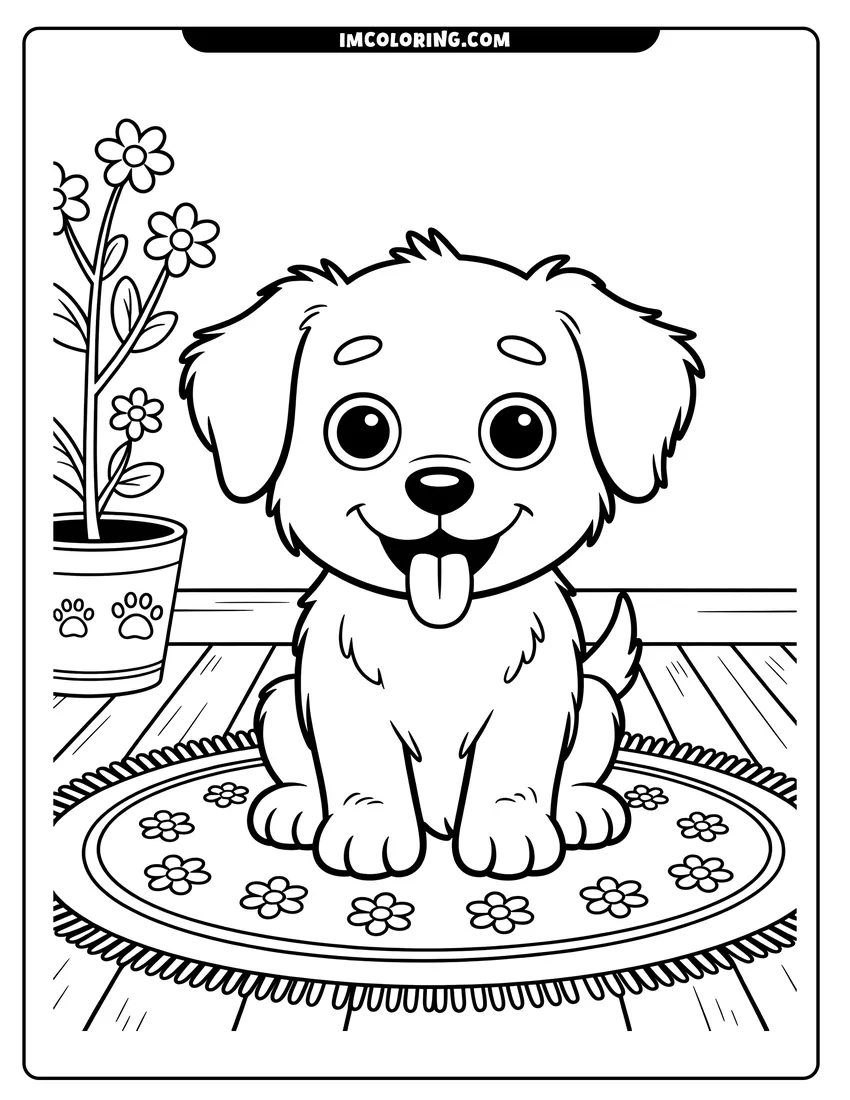 Printable line art of A happy cartoon puppy sitting on a circular floral rug indoors next to a potted flower