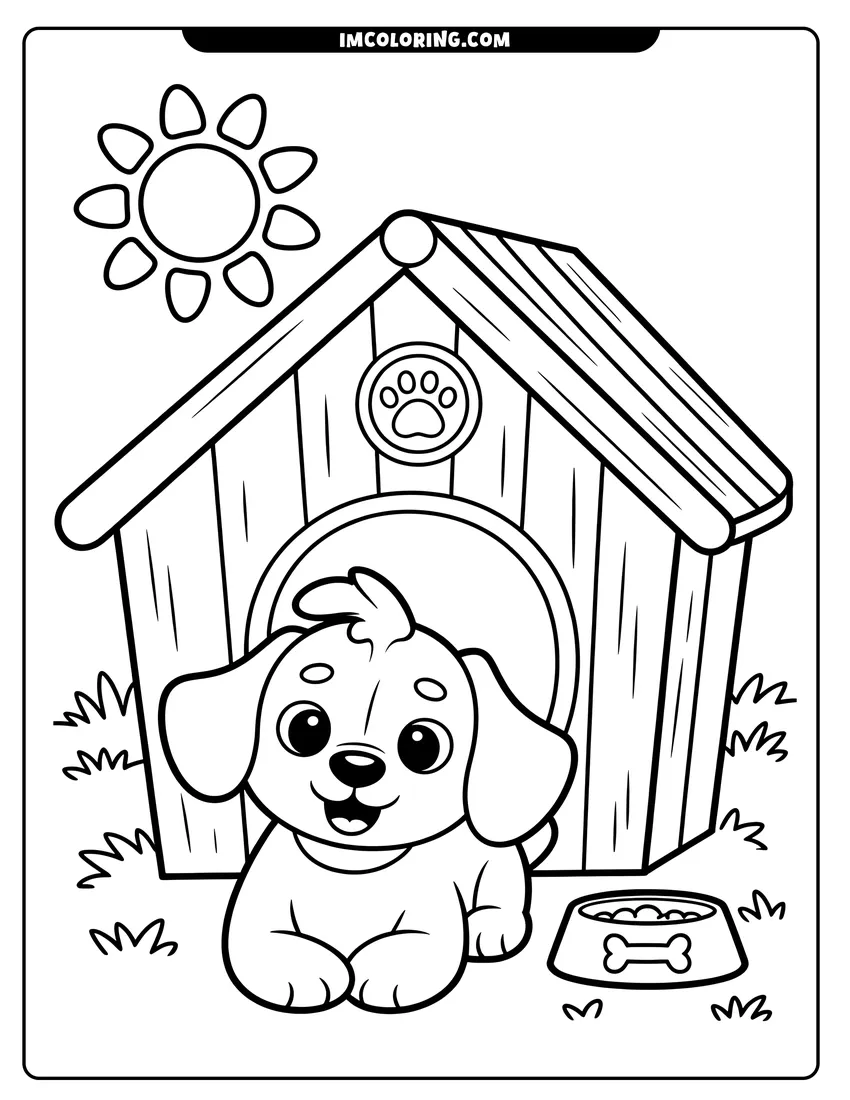 Doodle style coloring picture of A cheerful puppy sitting in front of a doghouse with a food bowl under a bright sun
