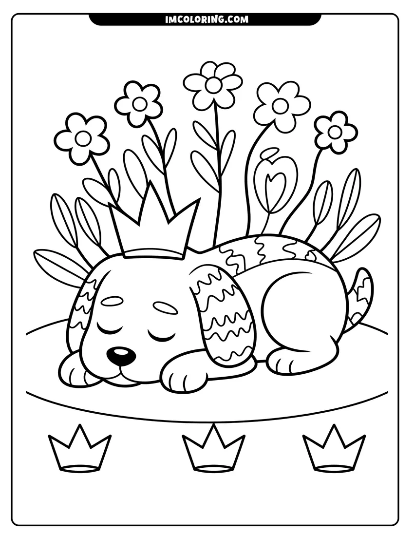 Linear illustration of A cute puppy wearing a crown sleeps peacefully in a garden surrounded by tall blooming flowers