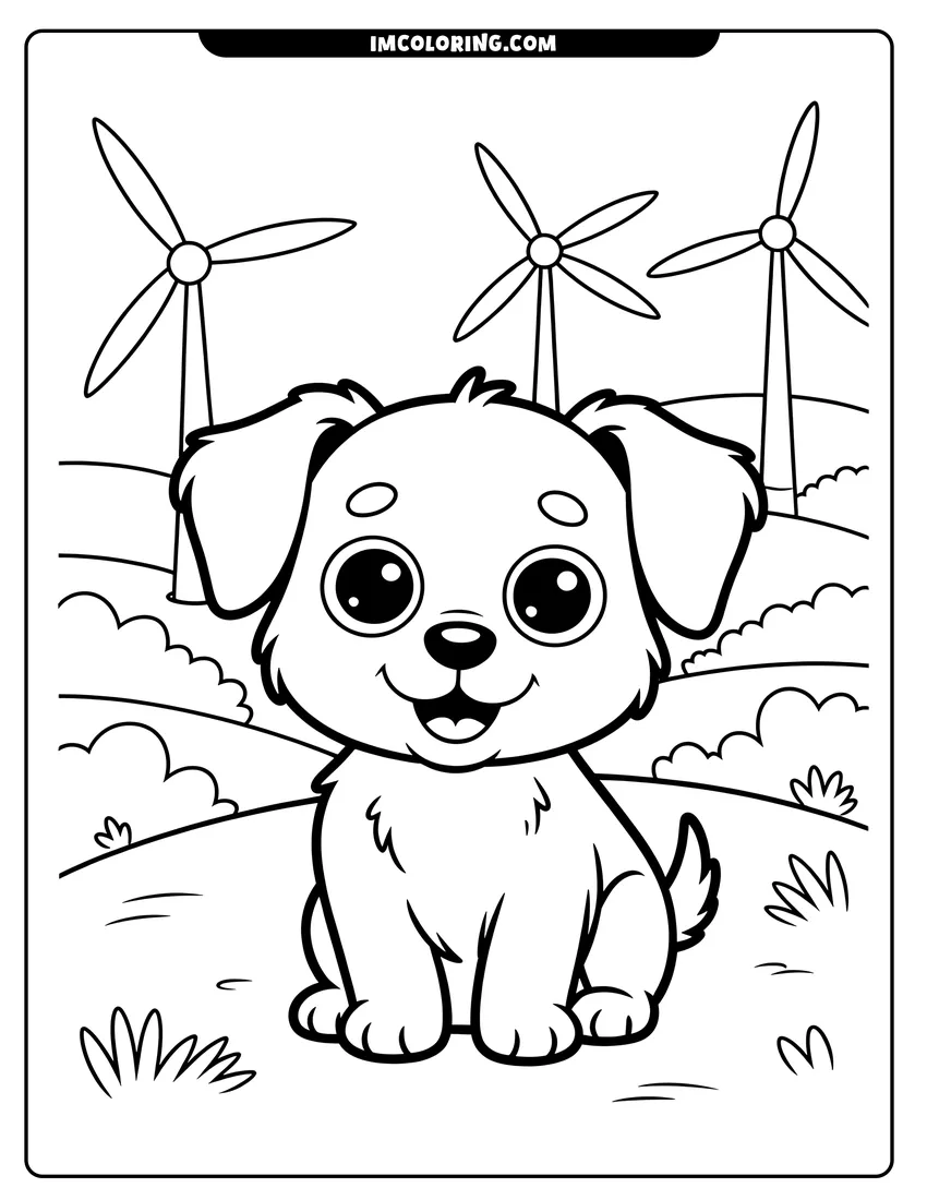 Downloadable coloring page of A cute smiling puppy sitting in a meadow with wind turbines and hills in the background