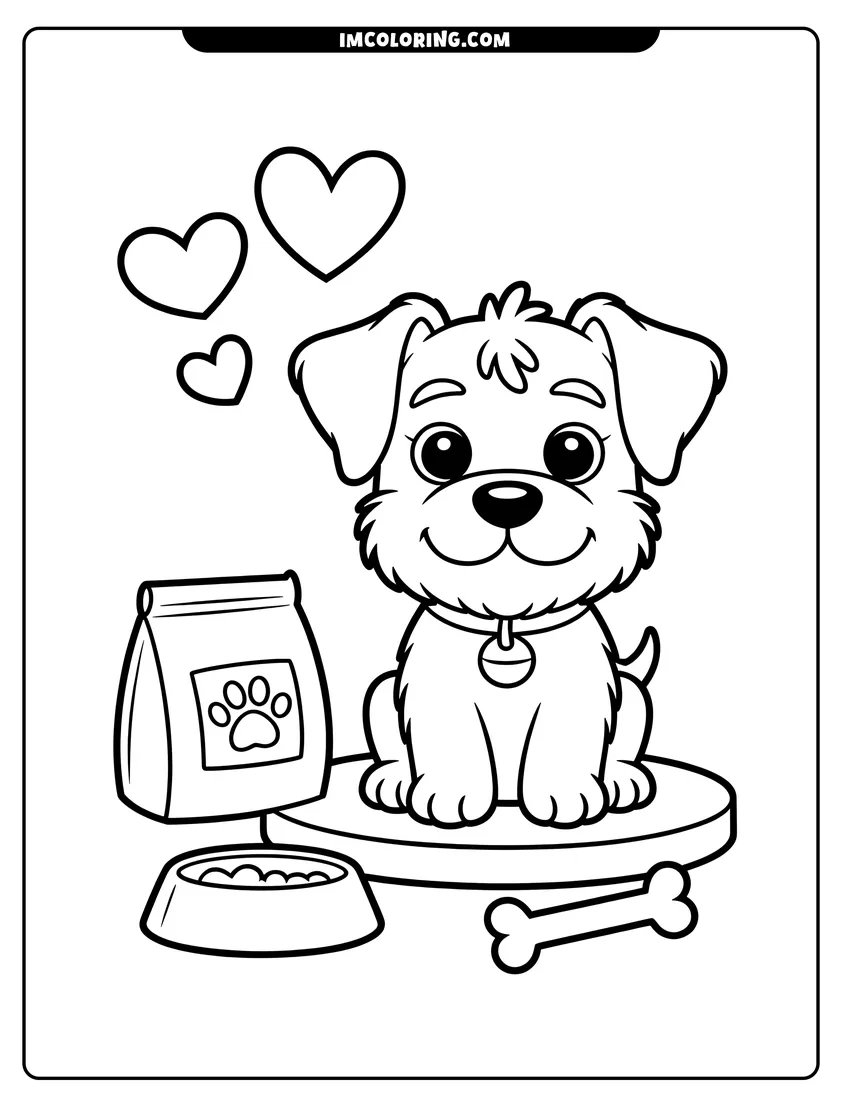 Black and white line art of A cute cartoon puppy sitting by a dog food bag, bowl, and bone with floating love hearts