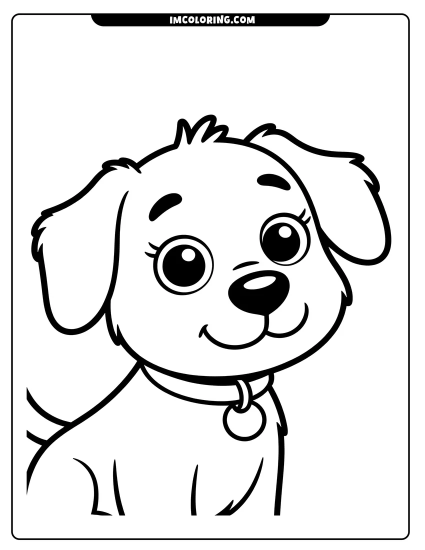PDF style coloring page: A cute cartoon puppy with large eyes and a collar smiling while sitting down