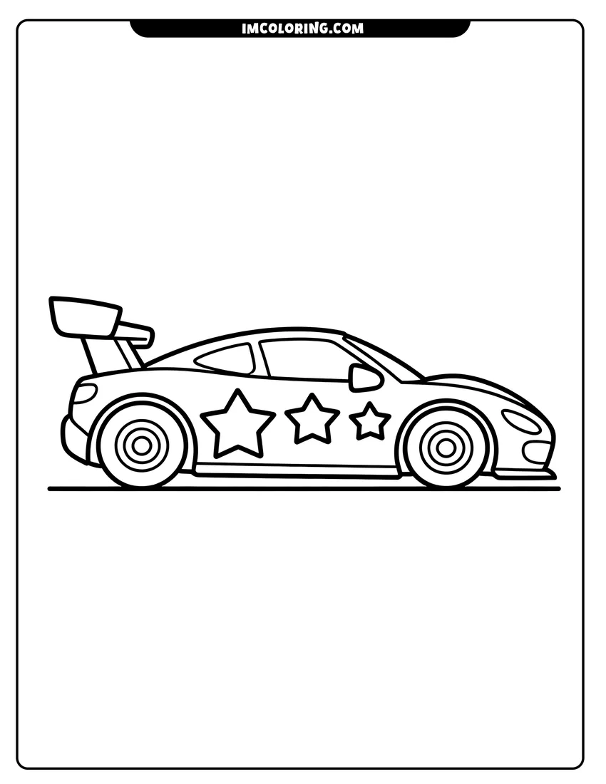 Clean line drawing: A sleek race car with a large spoiler and three stars on its side driving on a track