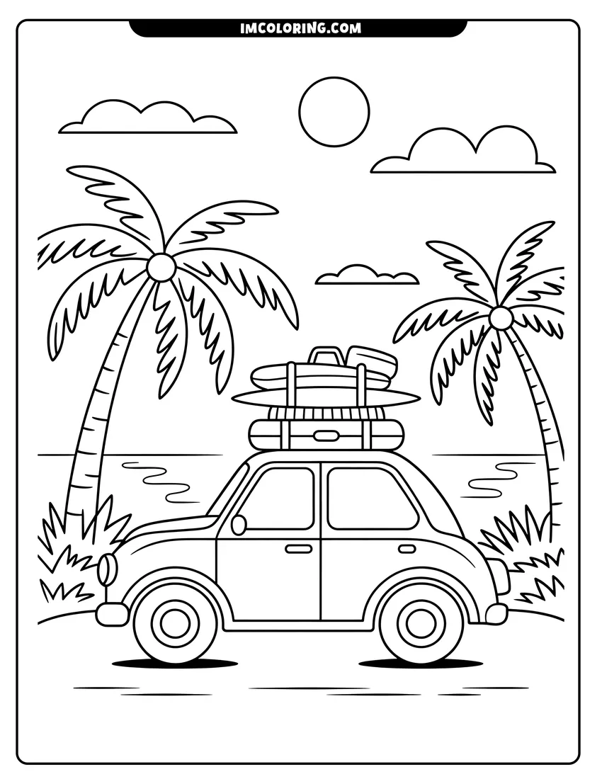 Outline drawing of A small car with surfboards and luggage on its roof parked between palm trees on the beach