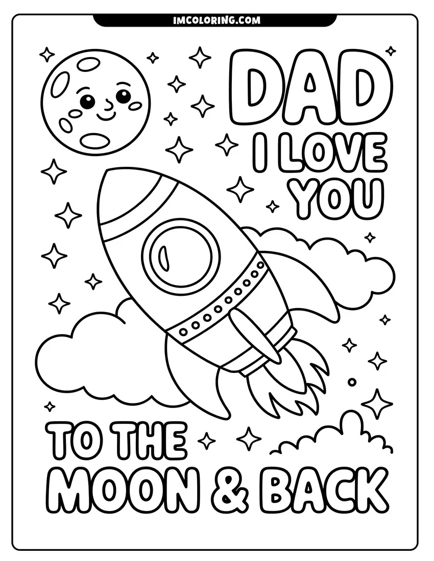 Outline drawing of A cute space rocket flying past clouds and stars next to a happy moon for Father's Day