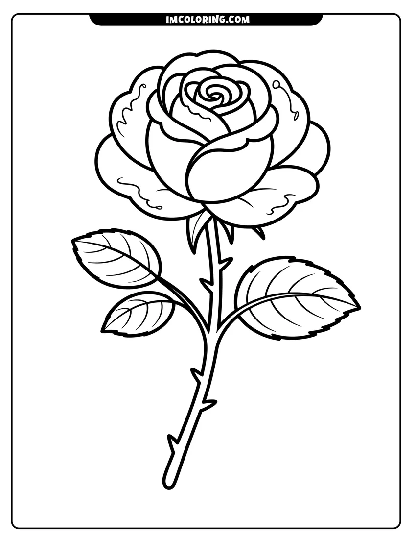 Coloring page of A simple black and white line drawing of a blooming rose with a thorny stem and leaves