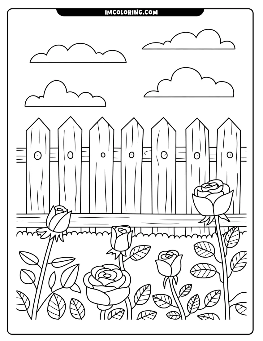Black and white line art of A garden of several rose buds and blossoms growing in front of a wooden picket fence under clouds