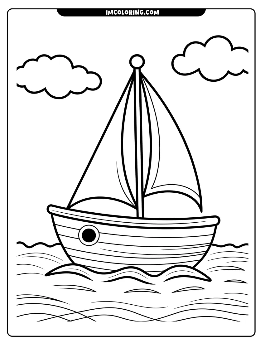 PDF style coloring page: A simple line drawing of a sailboat gliding on ocean waves with clouds in the bright sky