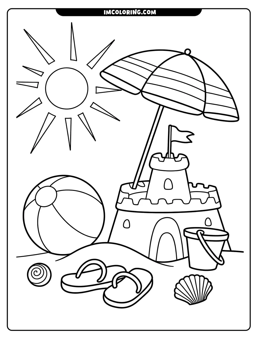 High quality printable A large sandcastle with a flag stands next to a beach ball and umbrella under a bright sun for coloring
