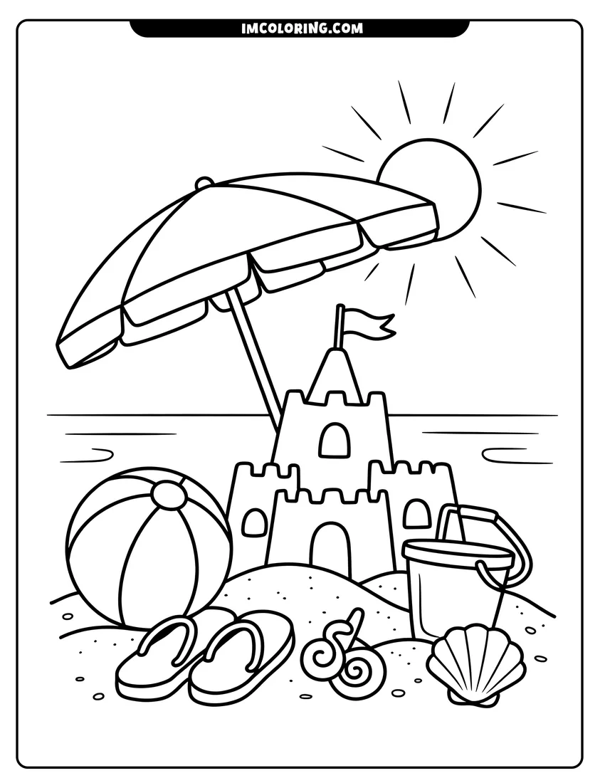 Free printable coloring sheet of A sandcastle stands under a beach umbrella next to a beach ball, flip flops, and the sun