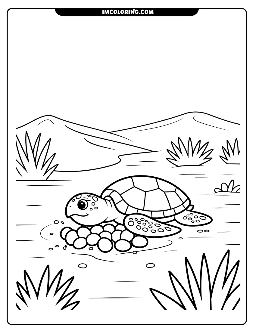 Printable line art of A smiling sea turtle sitting on a beach next to a cluster of small round turtle eggs