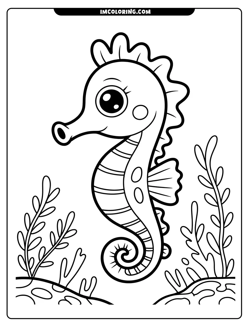 Downloadable coloring page of A cartoon seahorse with large eyes swims near ocean plants and seaweed on the sea floor
