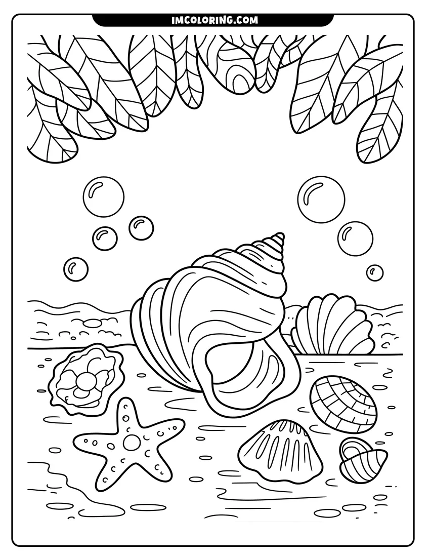 Doodle style coloring picture of A large spiral seashell and a starfish sitting on the sand with bubbles and palm leaves above them