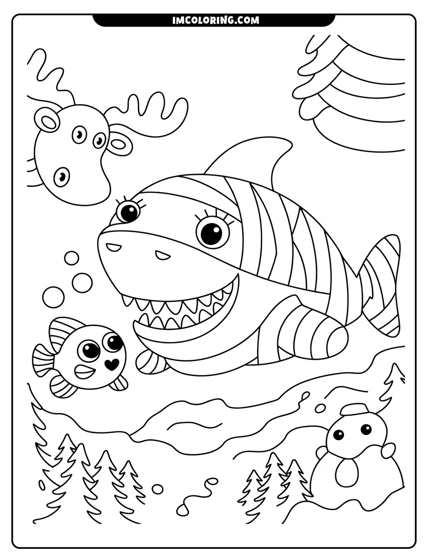 Printable coloring page of A smiling shark mummy swims near a snowman and a moose head in an underwater winter scene