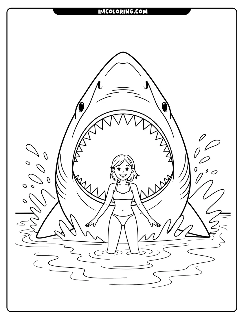 Printable coloring page of A giant shark with an open mouth appearing behind a smiling girl standing in the ocean water