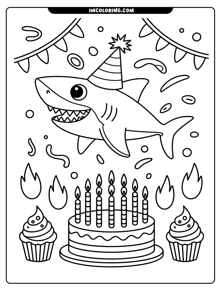 Outline drawing of A happy shark wearing a party hat swimming above a birthday cake with candles and two cupcakes