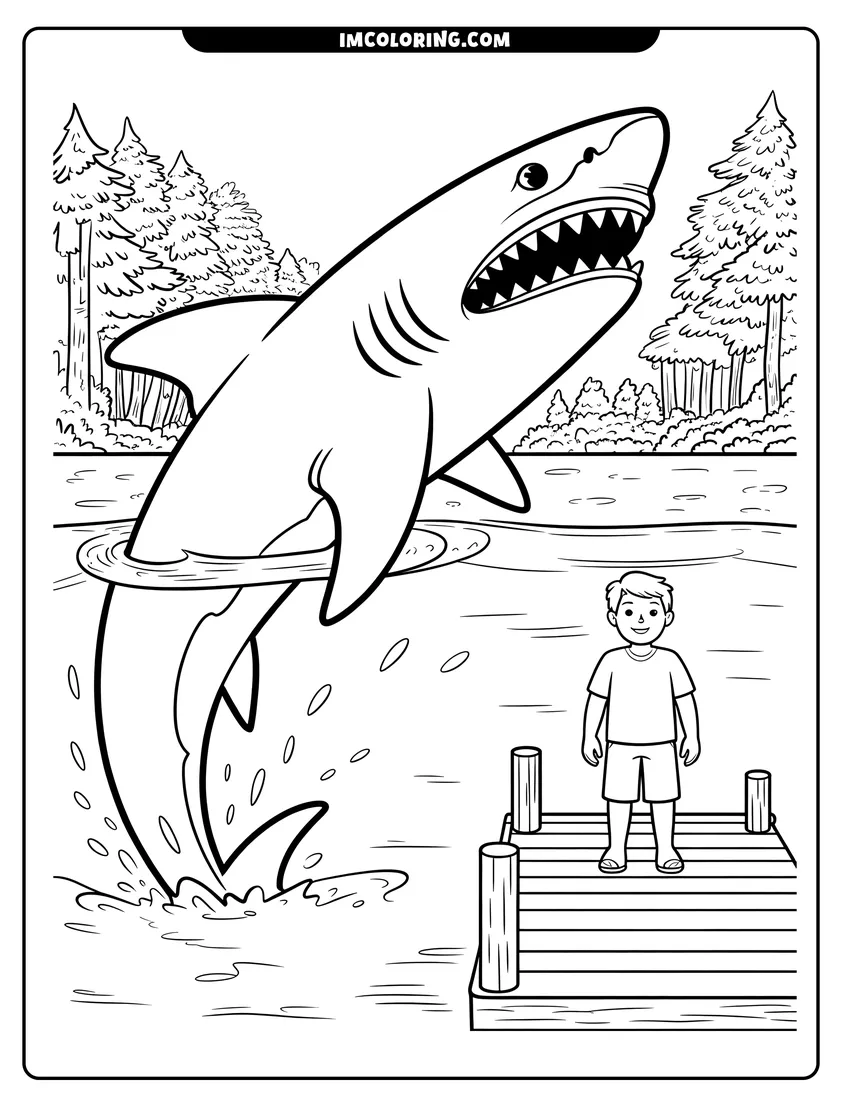Free printable coloring sheet of A large shark jumping out of a lake next to a smiling boy standing on a wooden dock