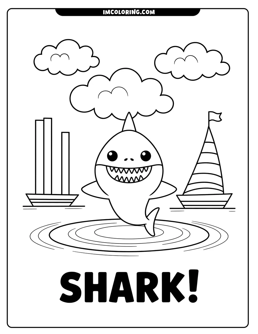 PDF style coloring page: A cute baby shark jumping out of the water with a big smile near two sailboats and clouds