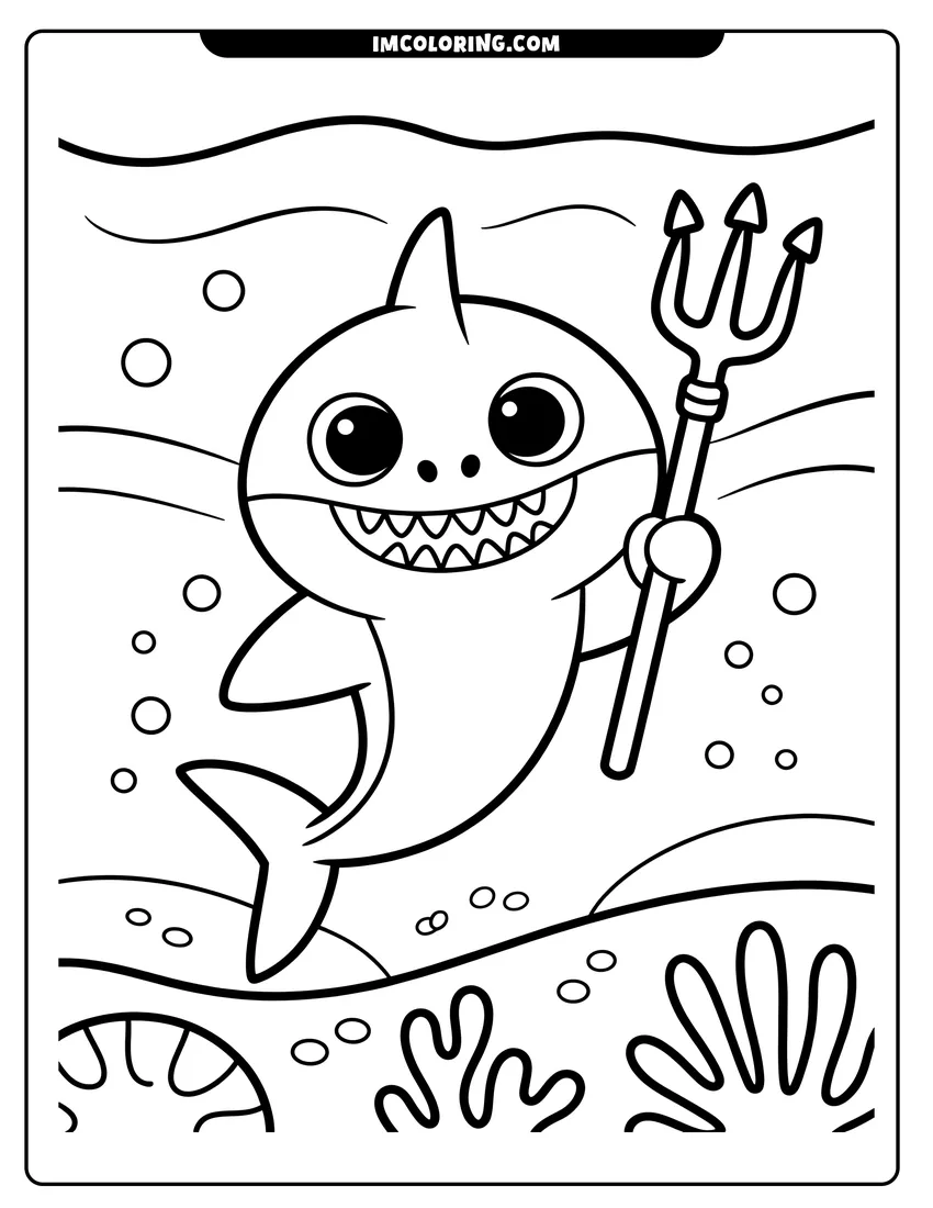 Outline drawing of A cute baby shark smiling and holding a trident underwater with bubbles and coral in the background