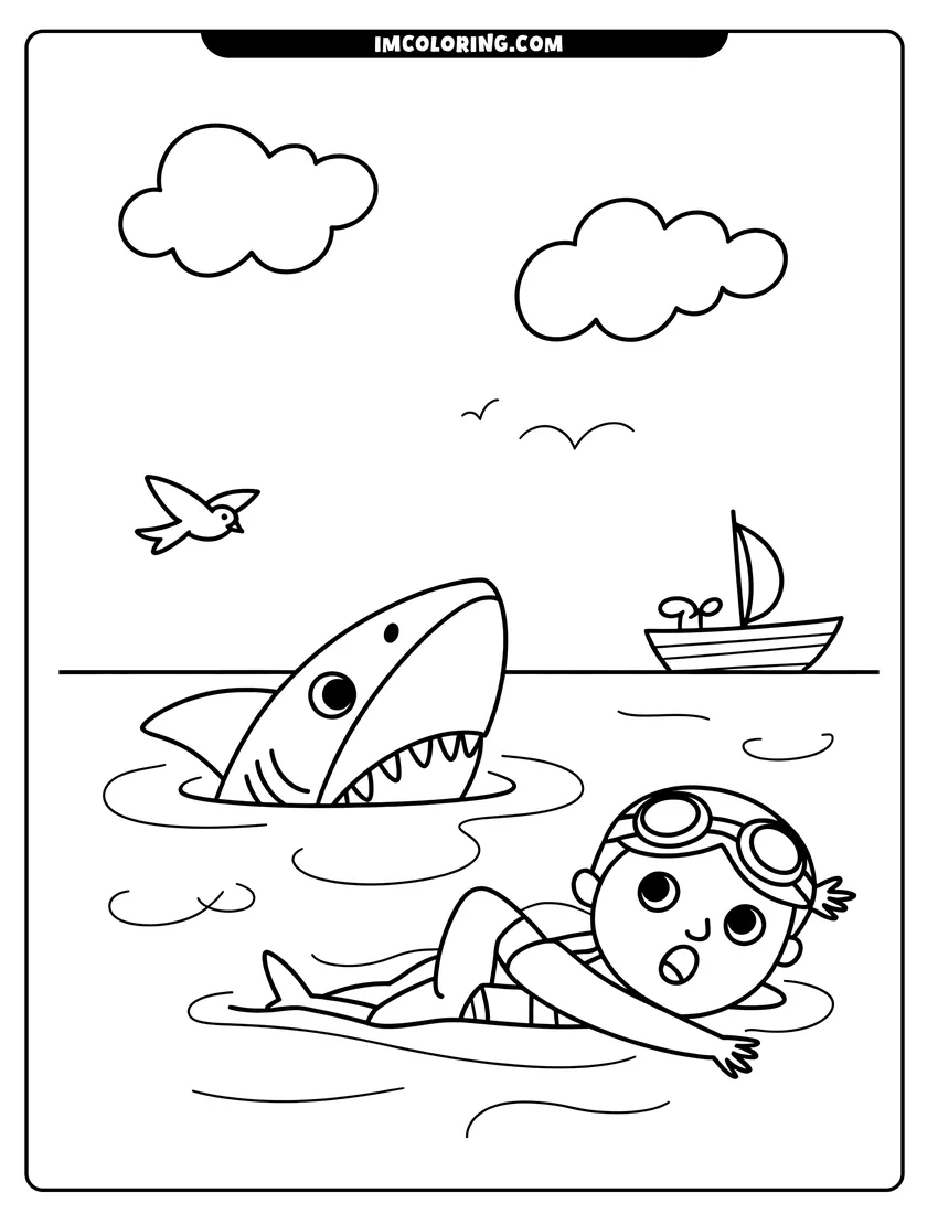 Free to print drawing of A cartoon shark smiling at a girl swimming in the ocean with a boat and seagulls nearby