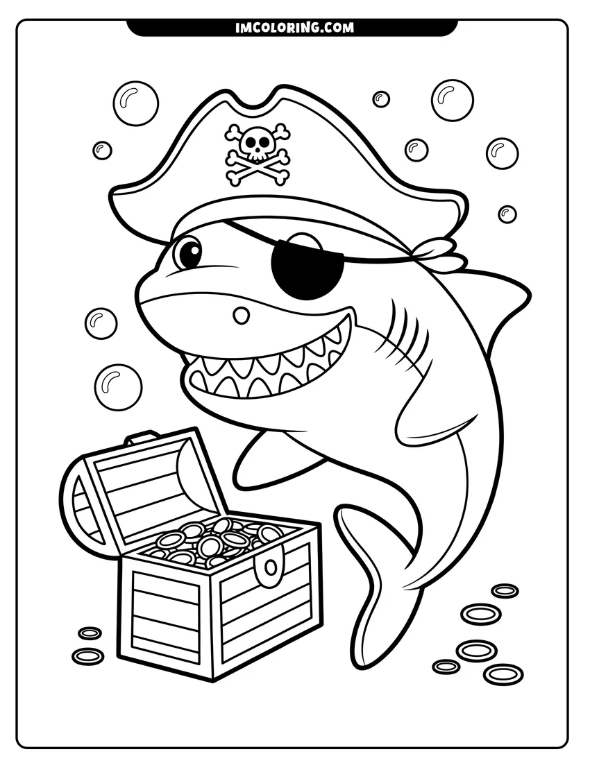 Clean line drawing: Cartoon shark wearing a pirate hat and eye patch next to an open treasure chest filled with gold