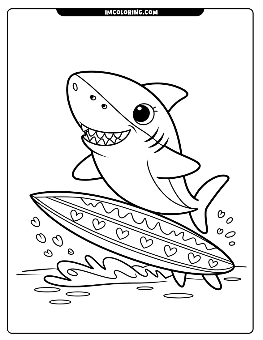 Outline drawing of A friendly cartoon shark surfing on a heart-patterned board through ocean waves and bubbles