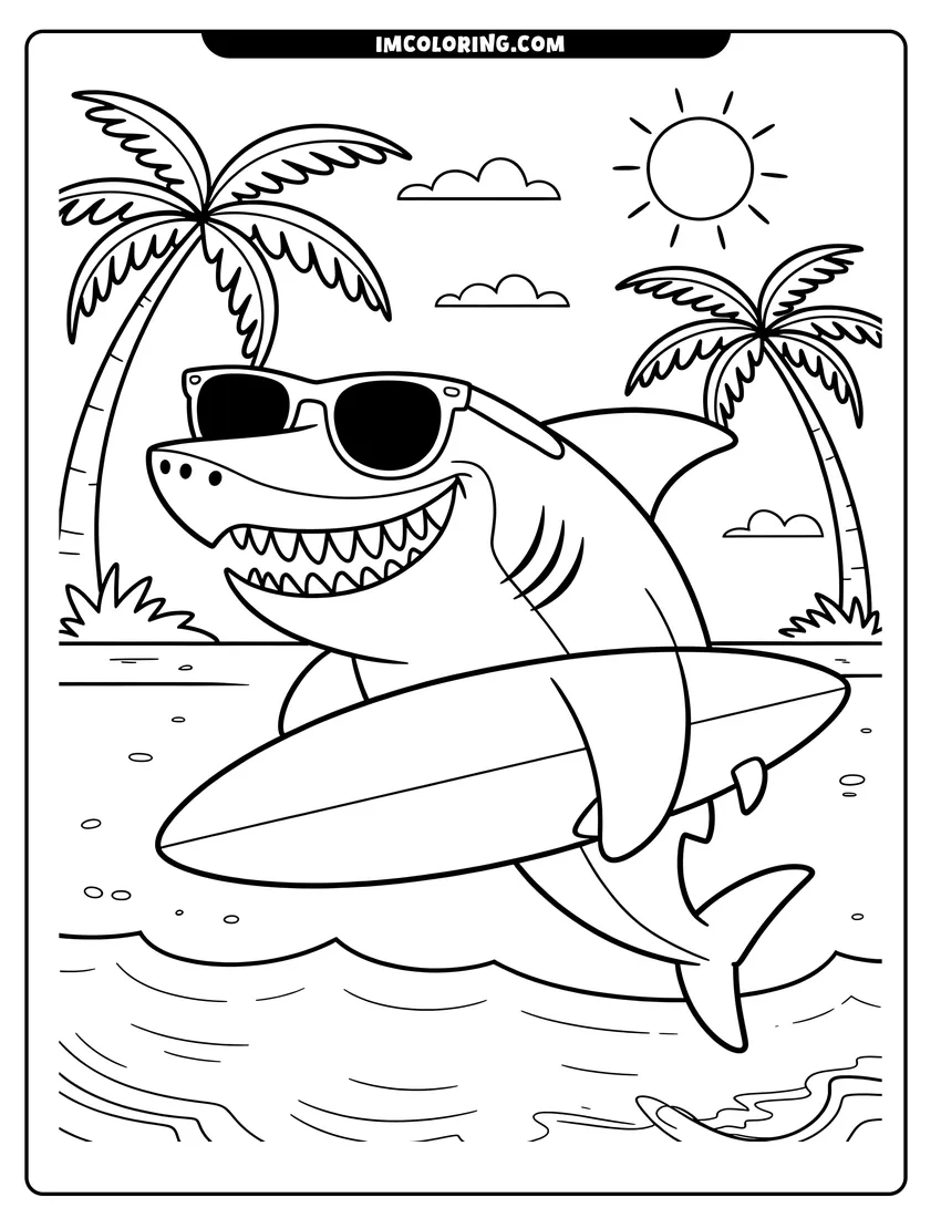 Printable line art of A smiling shark wearing sunglasses and holding a surfboard on a tropical beach with palm trees and sun