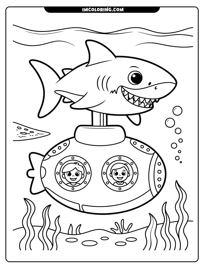 Doodle style coloring picture of A smiling cartoon shark swimming above a submarine with two children looking through the round glass windows