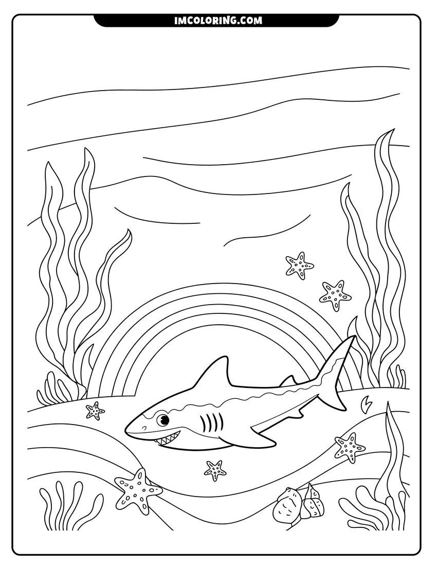 Downloadable coloring page of A happy cartoon shark swimming near seaweed and starfish on the sandy ocean floor with a rainbow background