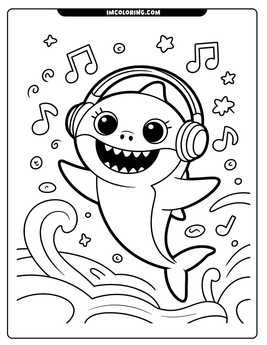 Coloring page for kids: A cute baby shark wearing headphones and dancing to music notes while jumping out of the sea water