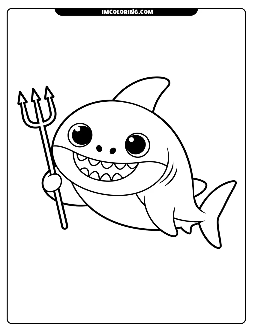 Doodle style coloring picture of A cute cartoon shark with big eyes holding a trident and smiling in the water