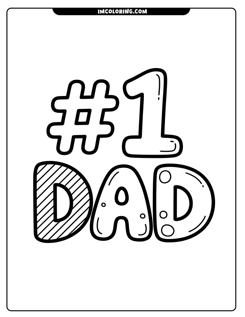 Coloring page for kids: Bold bubble letters spelling Number One Dad with striped and polka dot patterns for creative artistic fun